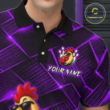 Load image into Gallery viewer, Purple and black patterned shirt with a cartoon rooster design and 'Your Name' text, brand logo visible.