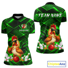 Load image into Gallery viewer, Front and back views of a green and black bowling quarter zip shirt featuring a cool rooster mascot wearing sunglasses, a red bowling ball, bowling pins, and custom team text.