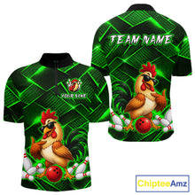 Load image into Gallery viewer, Front and back views of a green and black bowling quarter zip shirt featuring a cool rooster mascot wearing sunglasses, a red bowling ball, bowling pins, and custom team text.