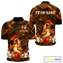 Load image into Gallery viewer, Front and back views of a orange and black bowling quarter zip shirt featuring a cool rooster mascot wearing sunglasses, a red bowling ball, bowling pins, and custom team text.