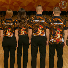 Load image into Gallery viewer, Four people wearing orange and black bowling polo shirt featuring a cool rooster mascot wearing sunglasses, a red bowling ball, bowling pins, and custom team name text.