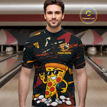 Load image into Gallery viewer, Man wearing a black bowling quarter zip featuring orange grunge graphics, a sunglasses-wearing pizza slice mascot, bowling pins, and custom your name text.