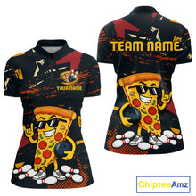 Load image into Gallery viewer, Front and back views of a black bowling quarter zip featuring orange grunge graphics, a sunglasses-wearing pizza slice mascot, bowling pins, and custom team text.