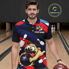 Load image into Gallery viewer, Man wearing a navy, red, and white bowling polo featuring a cartoon pug holding a purple bowling ball, pins, and custom your name text.