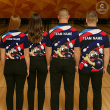Load image into Gallery viewer, Four people wearing navy, red, and white bowling quarter zip featuring a cartoon pug holding a purple bowling ball, pins, and custom team name text.
