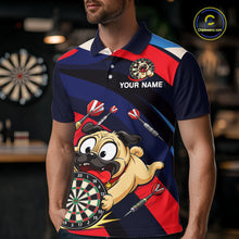 Load image into Gallery viewer, Person wearing a navy, red, and white darts polo featuring a cartoon pug holding a dartboard, flying darts, and custom team text.