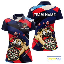 Load image into Gallery viewer, Front and back views of a navy, red, and white darts polo featuring a cartoon pug holding a dartboard, flying darts, and custom team text.