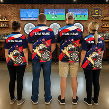 Load image into Gallery viewer, Four people wearing navy, red, and white darts polo featuring a cartoon pug holding a dartboard, flying darts, and custom team text.