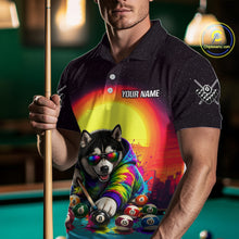Load image into Gallery viewer, Person wearing a colorful polo shirt with a dog design and 'Your Name' text, holding a pool cue on a pool table.