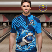 Load image into Gallery viewer, Man wearing a blue and navy bowling shirt with shark design in a bowling alley.