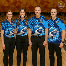 Load image into Gallery viewer, Four people wearing blue bowling shirts with a shark design on a bowling alley.