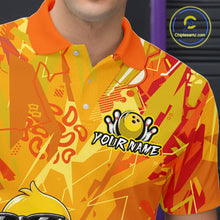 Load image into Gallery viewer, Colorful bowling-themed shirt with a logo and text on a blurred background