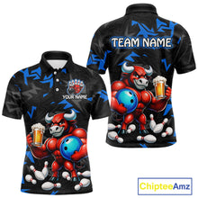 Load image into Gallery viewer, Custom blue beer bull bowling jersey for men, personalized team bowling polo shirt front view and back view