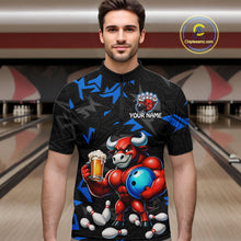 Load image into Gallery viewer, Men’s blue beer bull bowling quarter zip shirt, front view on male model in bowling lane 