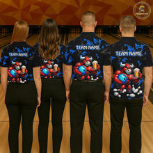 Load image into Gallery viewer, Group of bowlers in blue beer bull team shirts, personalized bowling uniforms back view.