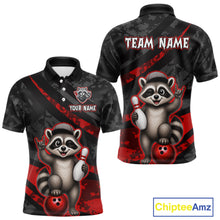 Load image into Gallery viewer, Black and red polo shirt with raccoon design and customizable text on a white background