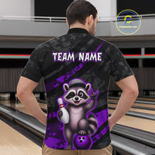 Load image into Gallery viewer, Bowling shirt with raccoon graphic and 'Team Name' text on a bowling alley background