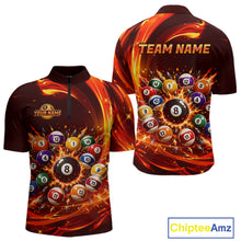 Load image into Gallery viewer, Customizable bowling shirt with fiery design and billiard ball pattern, featuring 'Your Name' and 'Team Name' text.