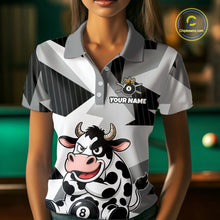 Load image into Gallery viewer, Person wearing a polo shirt with a cow and pool ball design, customizable text area.