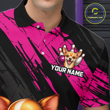 Load image into Gallery viewer, Black and pink polo shirt with a dog graphic and customizable text on a blurred background.