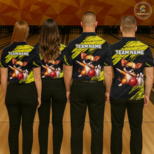 Load image into Gallery viewer, Four people wearing matching bowling team shirts with a cartoon dog design on a bowling alley.