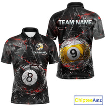 Load image into Gallery viewer, Men’s collared pool-themed polo dress in black and gray tones with cracked glass artwork, custom “TEAM NAME” and “YOUR NAME” text areas, and dramatic 8-ball and 9-ball illustrations.