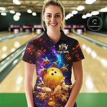 Load image into Gallery viewer, Woman wearing of a dark bowling polo with cosmic honeycomb graphics, bees, honey-dripping bowling balls, pins, and custom your name text.