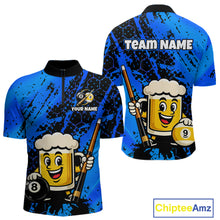 Load image into Gallery viewer, Custom pool team shirt featuring a cartoon beer mug character, 8-ball and 9-ball graphics, and personalized “TEAM NAME” and “YOUR NAME” text areas.