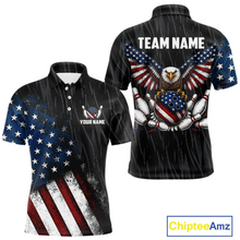 Load image into Gallery viewer, Front and back views of a black patriotic bowling polo shirt featuring distressed American flag graphics, custom team and player name text, and a bald eagle with spread wings above a flag-themed bowling ball and pins.