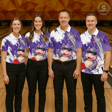 Load image into Gallery viewer, Four people wearing smiling hippo in sunglasses, bowling pins, and a red bowling ball and custom name text.