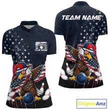 Load image into Gallery viewer, Front and back views of a dark patriotic bowling quarter zip with distressed stars-and-stripes graphics, a eagle , bowling pins, and custom team text.