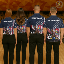 Load image into Gallery viewer, Four people wearing dark patriotic bowling quarter zip with distressed stars-and-stripes graphics, a eagle , bowling pins, and custom your name text.
