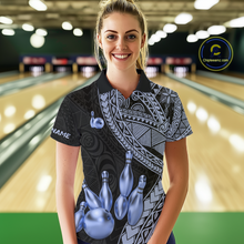 Load image into Gallery viewer, Black and Blue Tribal Pattern Bowling Jersey for Women Bowling Uniform Bowling Team Shirts HNT225