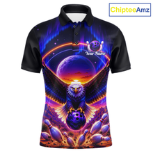 Load image into Gallery viewer, Front views of a black bowling polo with a eagle, glowing planet backdrop, bowling pins, and custom player name text.