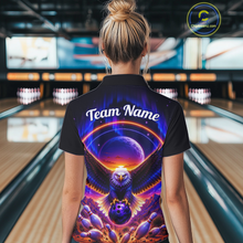 Load image into Gallery viewer, Woman wearing a black bowling polo with a eagle, glowing planet backdrop, bowling pins, and custom team and player name text.