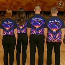 Load image into Gallery viewer, Four people wearing black bowling polo with a eagle, glowing planet backdrop, bowling pins, and custom team and player name text.