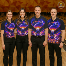 Load image into Gallery viewer, Four people wearing black bowling polo with a eagle, glowing planet backdrop, bowling pins, and custom team and player name text.