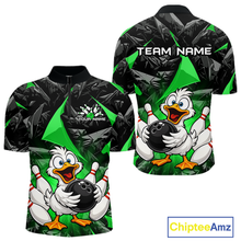 Load image into Gallery viewer, Custom Green Funny Duck Bowling Jersey for Men Bowling League Bowling Team Shirts Polo &amp; 1/4 Zip HN233