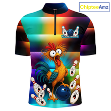 Load image into Gallery viewer, Front views of a colorful bowling  quarter zip featuring a shocked rooster chicken, blue bowling ball, surprised pins, and custom team and your text.