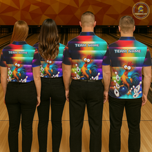 Load image into Gallery viewer, Four people wearing colorful bowling polo featuring a shocked rooster chicken, blue bowling ball, surprised pins, and custom team name text.