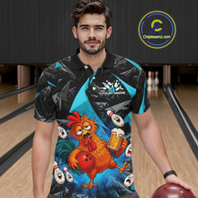 Load image into Gallery viewer, Man wearing a black and turquoise bowling polo featuring a wild rooster mascot holding a beer mug and red bowling ball, with custom your name text.