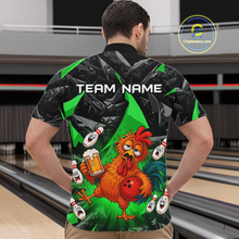 Load image into Gallery viewer, Man wearing a black and green bowling  quarter zip featuring a wild rooster mascot holding a beer mug and red bowling ball, with custom team name text.