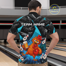 Load image into Gallery viewer, Man wearing a black and turquoise bowling quarter zip featuring a wild rooster mascot holding a beer mug and red bowling ball, with custom team name text.