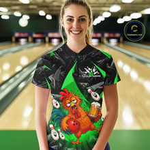 Load image into Gallery viewer, Woman wearing a black and green bowling quarter zip featuring a wild rooster mascot holding a beer mug and red bowling ball, with custom your name text.