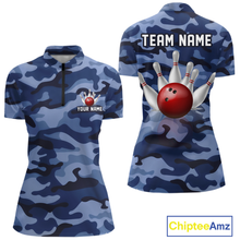 Load image into Gallery viewer, Custom Blue Camo Bowling Jersey for Women Bowling Team Shirts Bowling Uniform Polo &amp; 1/4 Zip HNT167