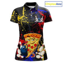 Load image into Gallery viewer, Front views of a black bowling polo featuring colorful red, yellow, and blue paint splatter graphics, a cartoon pizza slice mascot, bowling pins, and custom your name text.