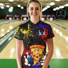 Load image into Gallery viewer, Woman wearing a black bowling quarter zip featuring colorful red, yellow, and blue paint splatter graphics, a cartoon pizza slice mascot, bowling pins, and custom your name text.