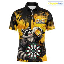 Load image into Gallery viewer, Front views of a black and yellow darts polo featuring a raccoon drinking beer, dartboard graphics, and custom team and player name text.