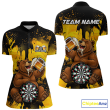 Load image into Gallery viewer, Front and back views of a black and yellow darts quarter zip featuring a bear drinking beer, dartboard graphics, and custom team and player name text.