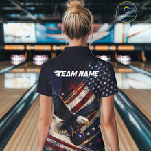 Load image into Gallery viewer, Women’s us flag eagle bowling quarter zip shirt, back view on female model in bowling lane 